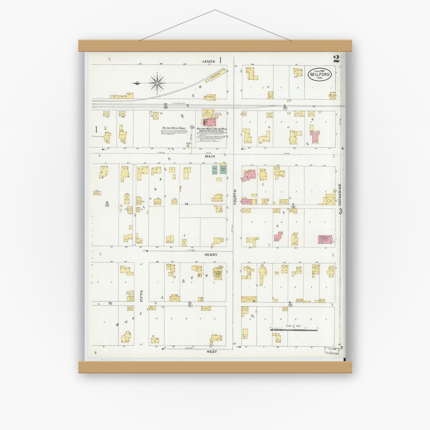 Old map wall art mockup — magnetic wood frame on white wall — Sanborn Fire Insurance Map from Milford, Kosciusko County, Indiana (1905), Sheet #0002