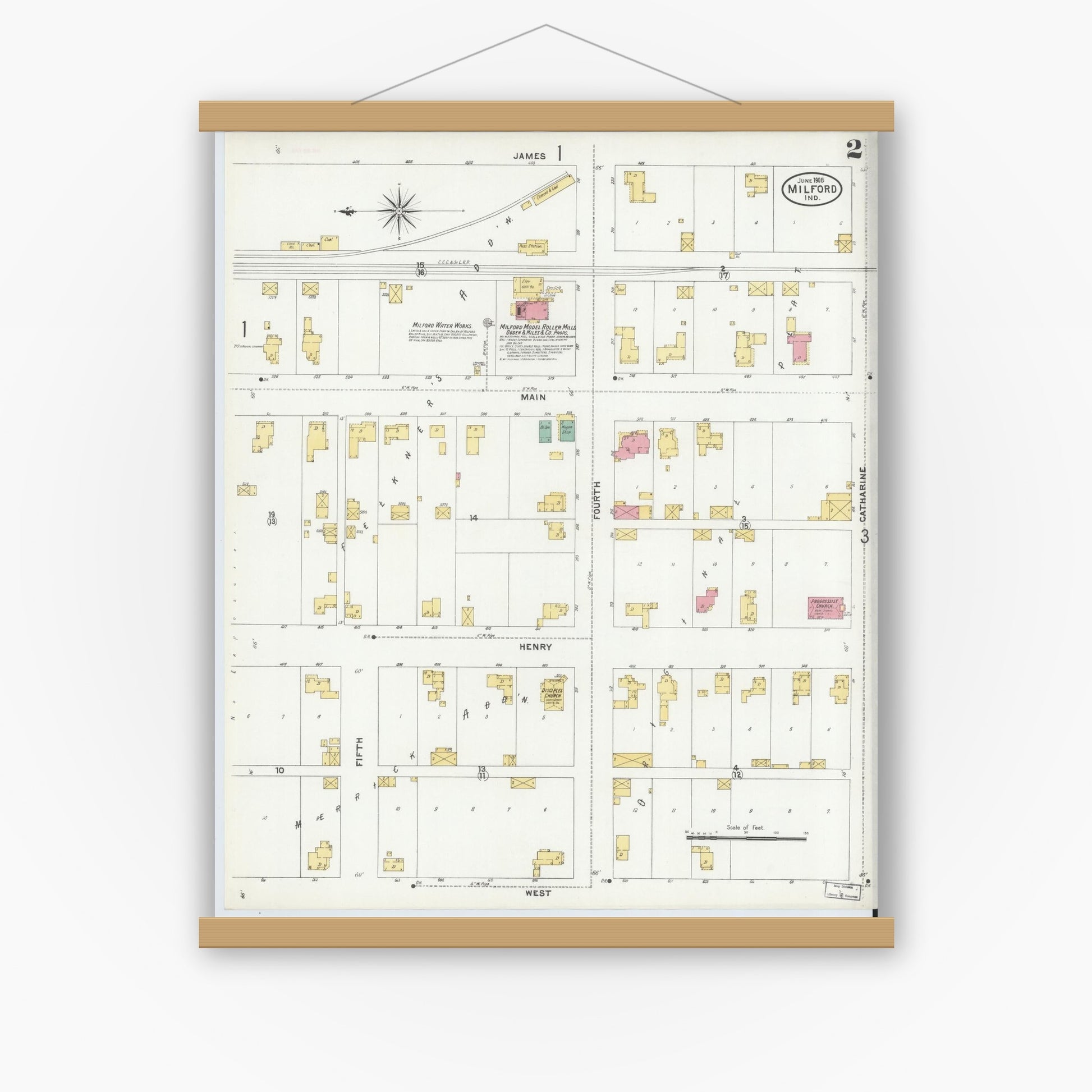Old map wall art mockup — magnetic wood frame on white wall — Sanborn Fire Insurance Map from Milford, Kosciusko County, Indiana (1905), Sheet #0002