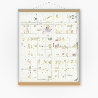 Old map wall art mockup — magnetic wood frame on white wall — Sanborn Fire Insurance Map from Milford, Kosciusko County, Indiana (1905), Sheet #0002