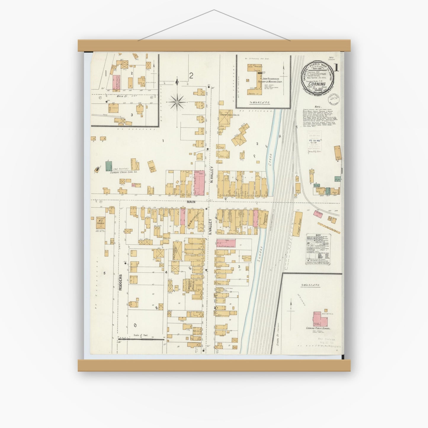Old map wall art mockup — magnetic wood frame on white wall — Sanborn Fire Insurance Map from Corning, Perry County, Ohio (1900), Sheet #0001