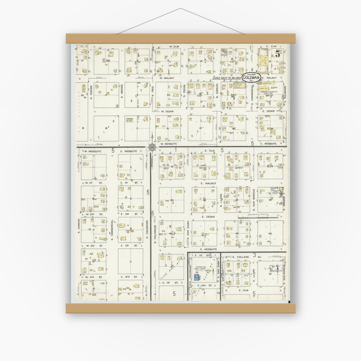 Old map wall art mockup — magnetic wood frame on white wall — Sanborn Fire Insurance Map from Coleman, Coleman County, Texas (1916), Sheet #0005