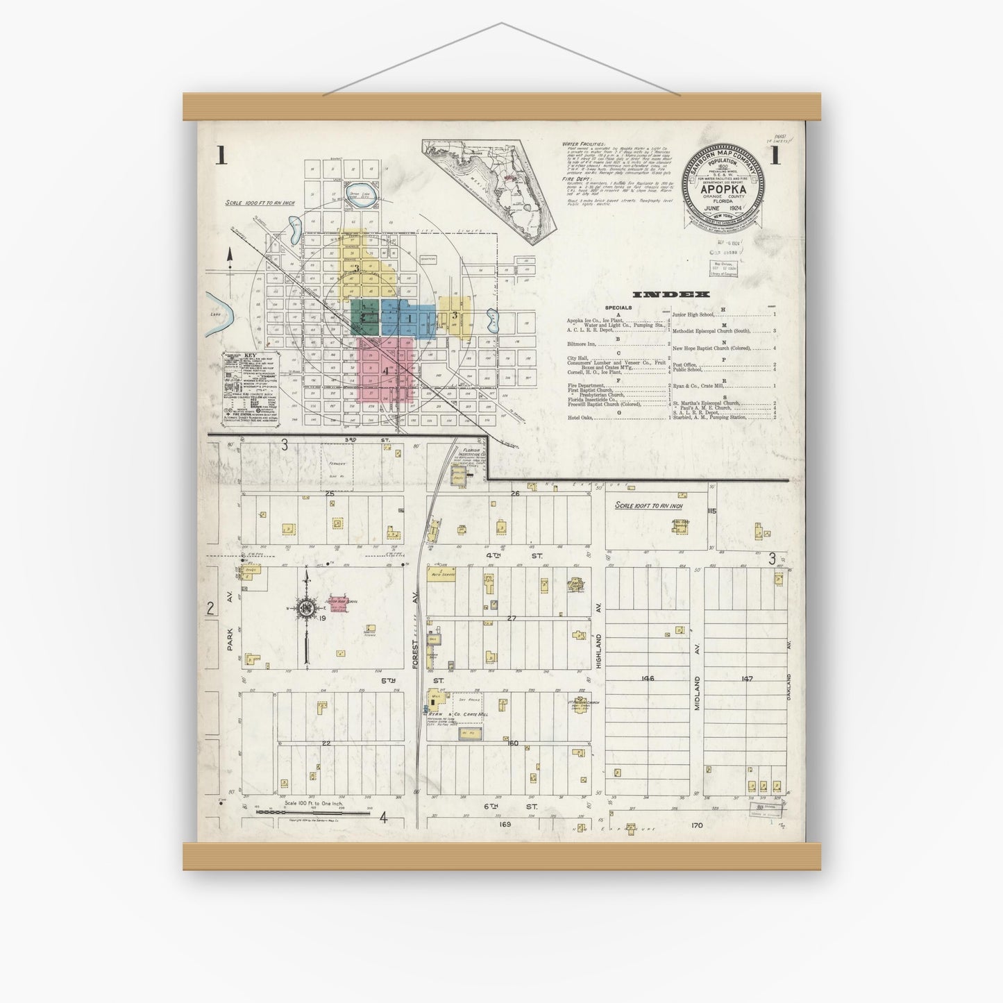 Old map wall art mockup — magnetic wood frame on white wall — Sanborn Fire Insurance Map from Apopka, Orange County, Florida (1924) - Complete Map Set