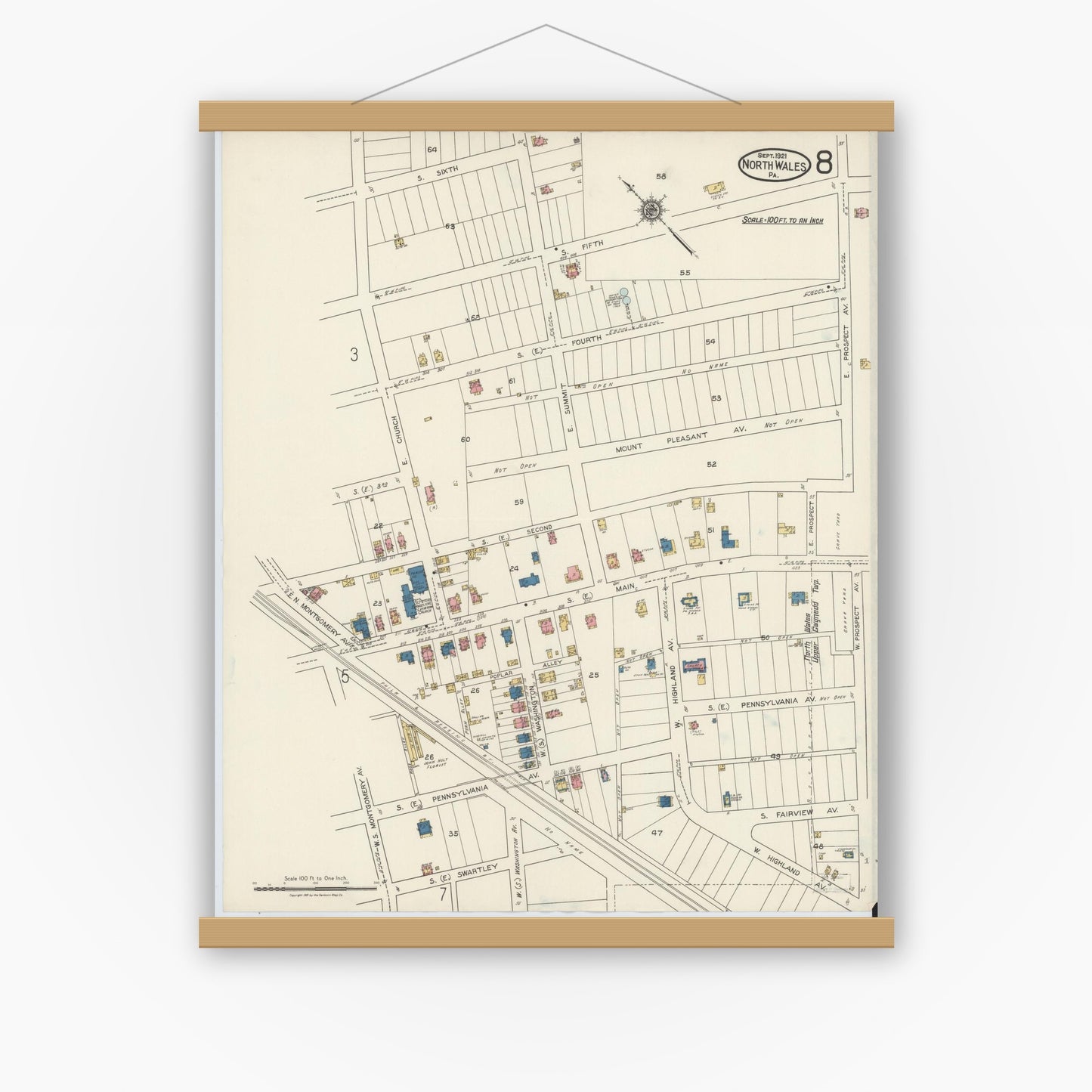 Old map wall art mockup — magnetic wood frame on white wall — Sanborn Fire Insurance Map from North Wales, Montgomery County, Pennsylvania (1921), Sheet #0008