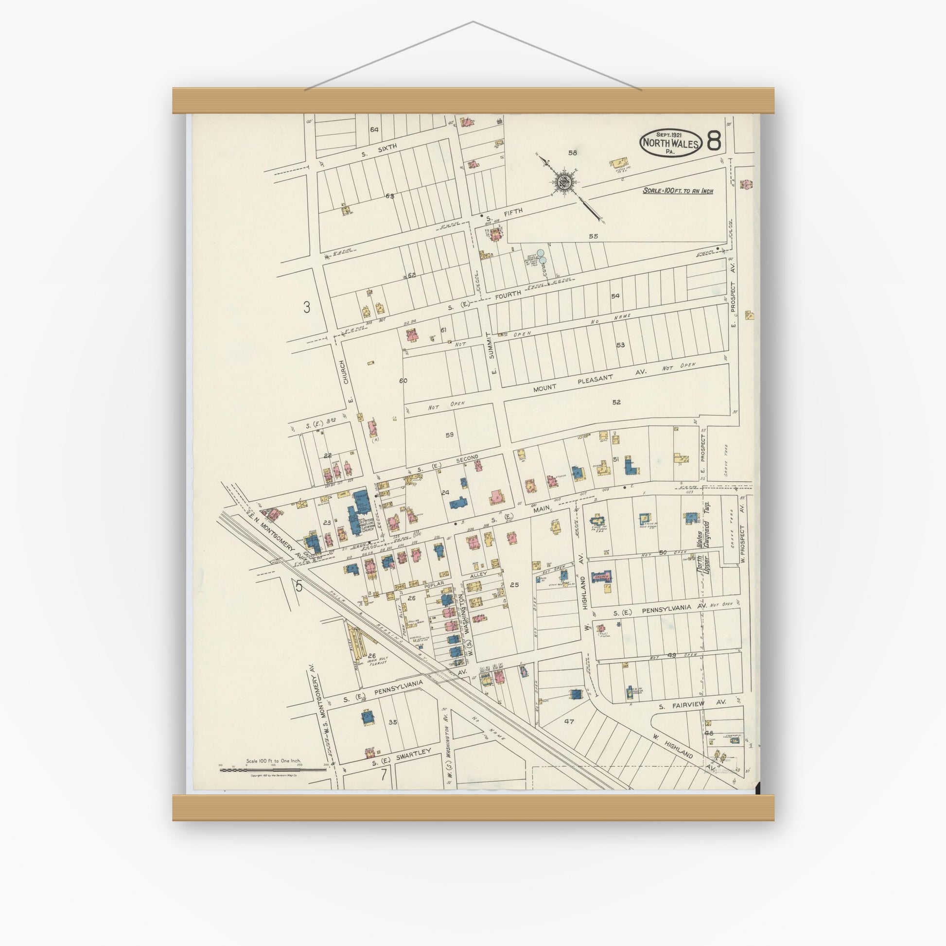 Old map wall art mockup — magnetic wood frame on white wall — Sanborn Fire Insurance Map from North Wales, Montgomery County, Pennsylvania (1921), Sheet #0008