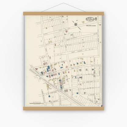 Old map wall art mockup — magnetic wood frame on white wall — Sanborn Fire Insurance Map from North Wales, Montgomery County, Pennsylvania (1921), Sheet #0008