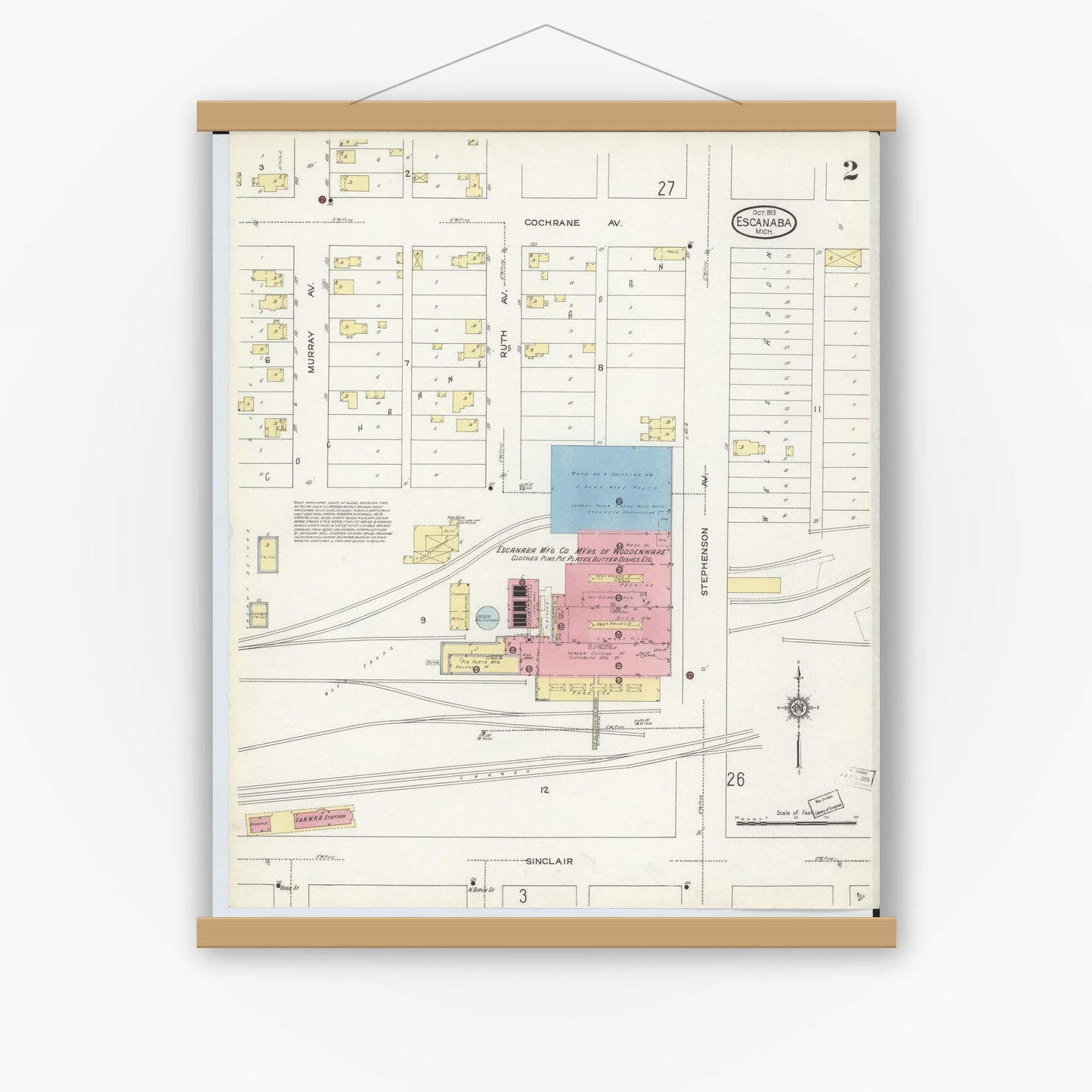 Old map wall art mockup — magnetic wood frame on white wall — Sanborn Fire Insurance Map from Escanaba, Delta County, Michigan (1913), Sheet #0002