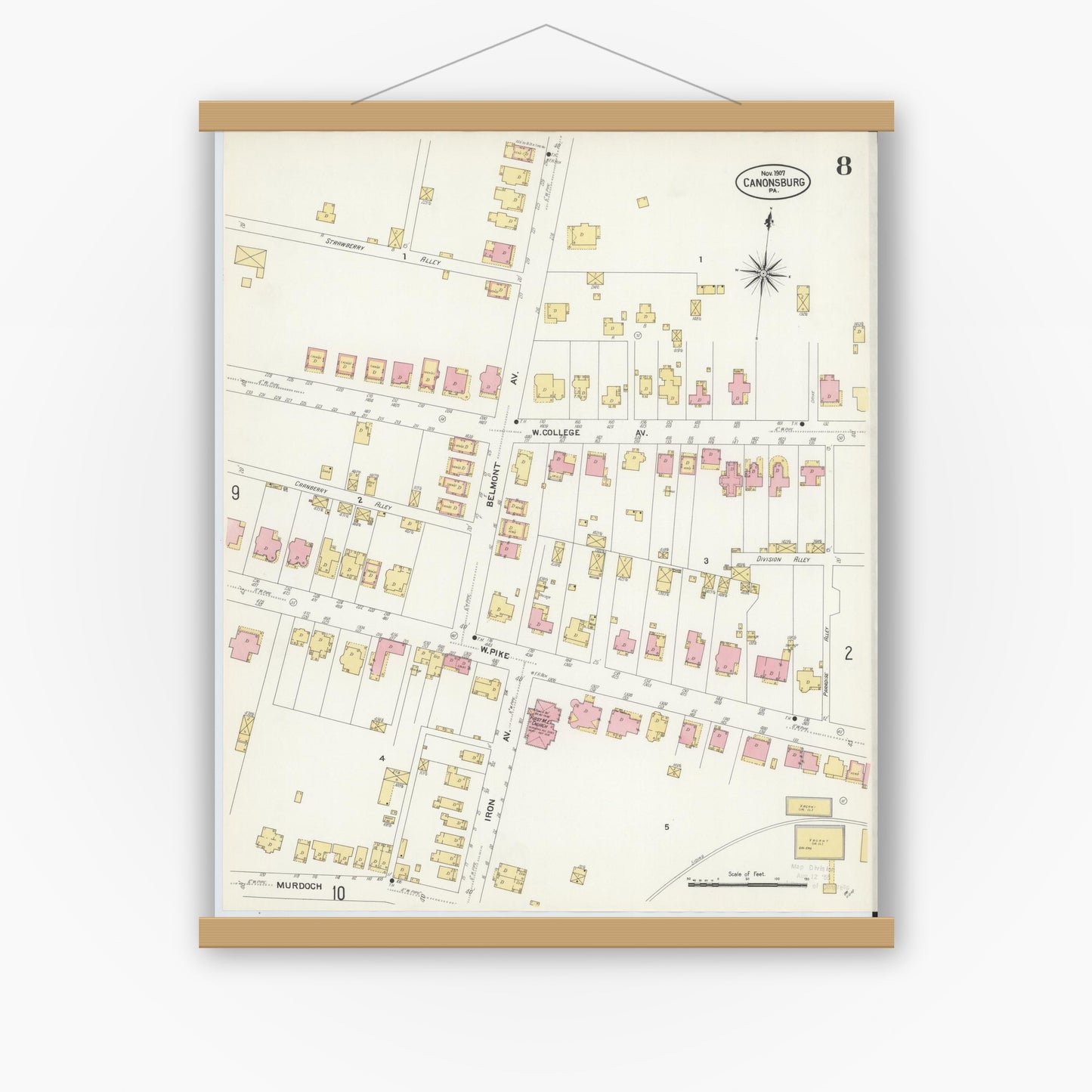 Old map wall art mockup — magnetic wood frame on white wall — Sanborn Fire Insurance Map from Canonsburg, Washington County, Pennsylvania (1907), Sheet #0008