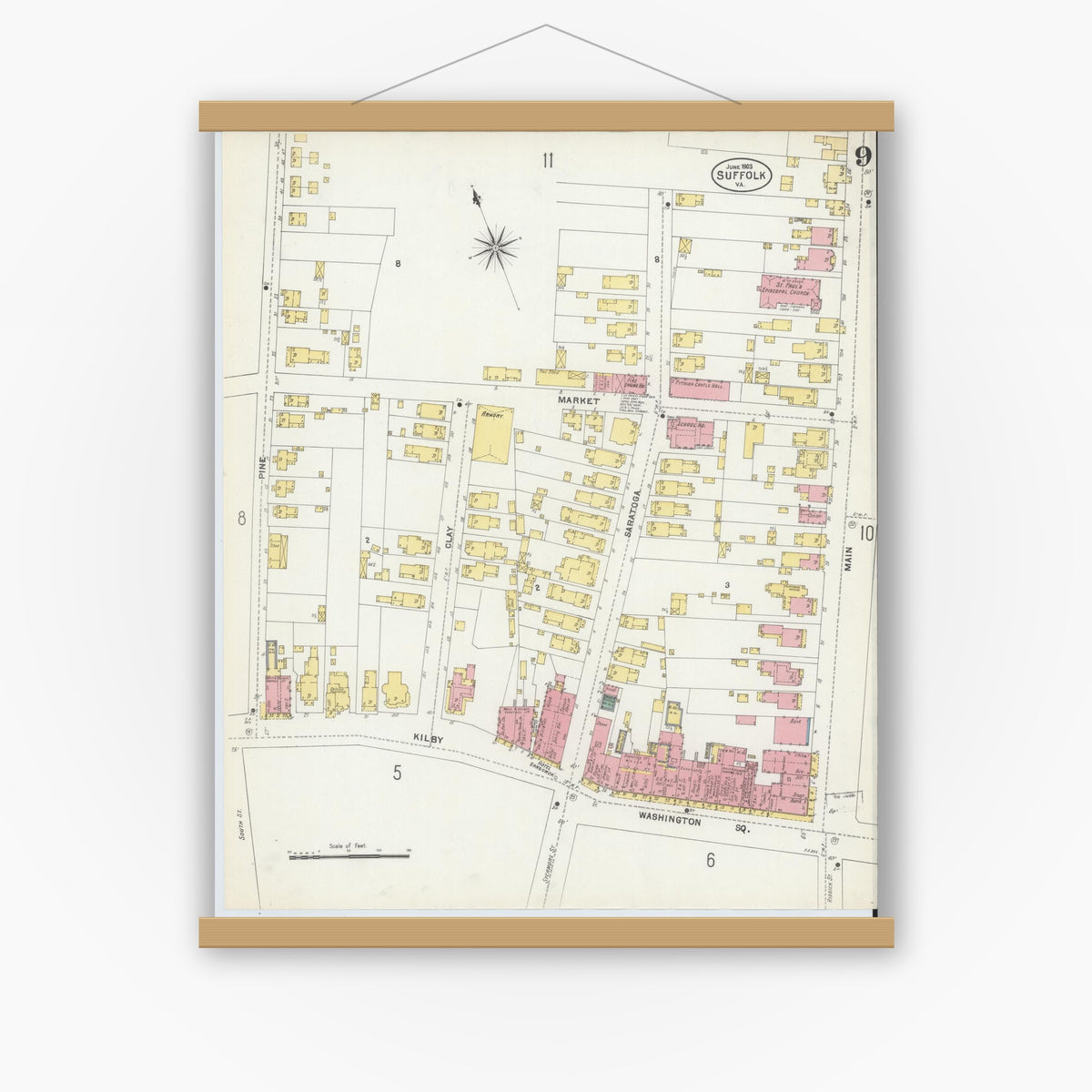 Old map wall art mockup — magnetic wood frame on white wall — Sanborn Fire Insurance Map from Suffolk, Independent Cities, Virginia (1903), Sheet #0009