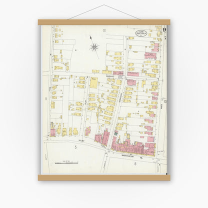 Old map wall art mockup — magnetic wood frame on white wall — Sanborn Fire Insurance Map from Suffolk, Independent Cities, Virginia (1903), Sheet #0009