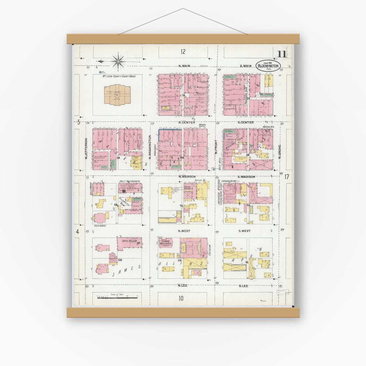Old map wall art mockup — magnetic wood frame on white wall — Sanborn Fire Insurance Map from Bloomington, McLean County, Illinois (1901), Sheet #0011