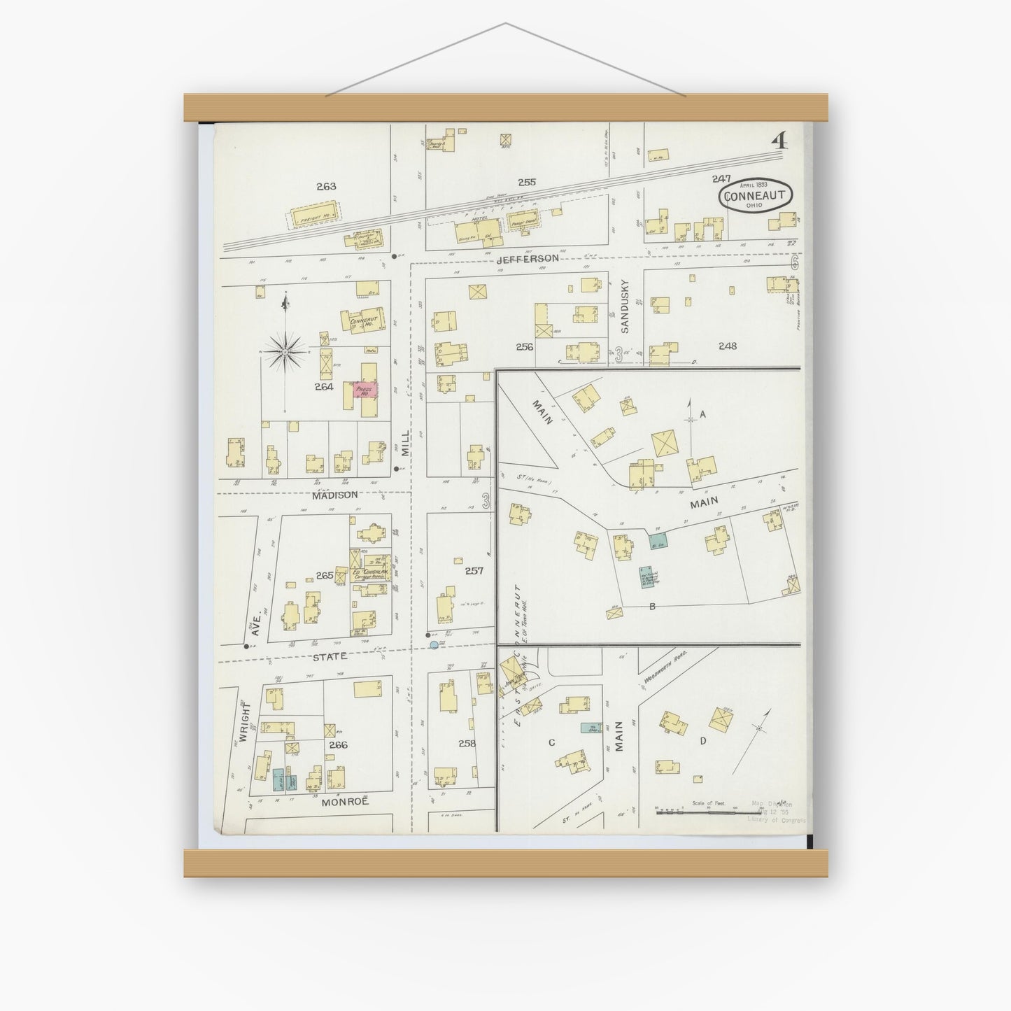 Old map wall art mockup — magnetic wood frame on white wall — Sanborn Fire Insurance Map from Conneaut, Ashtabula County, Ohio (1893), Sheet #0004