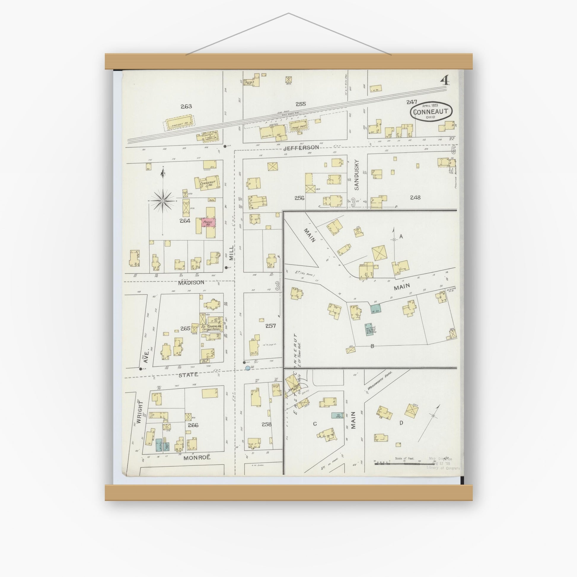 Old map wall art mockup — magnetic wood frame on white wall — Sanborn Fire Insurance Map from Conneaut, Ashtabula County, Ohio (1893), Sheet #0004