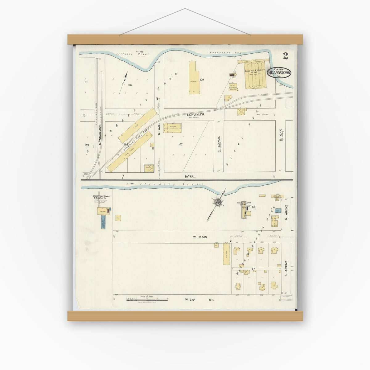Old map wall art mockup — magnetic wood frame on white wall — Sanborn Fire Insurance Map from Beardstown, Cass County, Illinois (1919), Sheet #0002