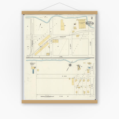 Old map wall art mockup — magnetic wood frame on white wall — Sanborn Fire Insurance Map from Beardstown, Cass County, Illinois (1919), Sheet #0002