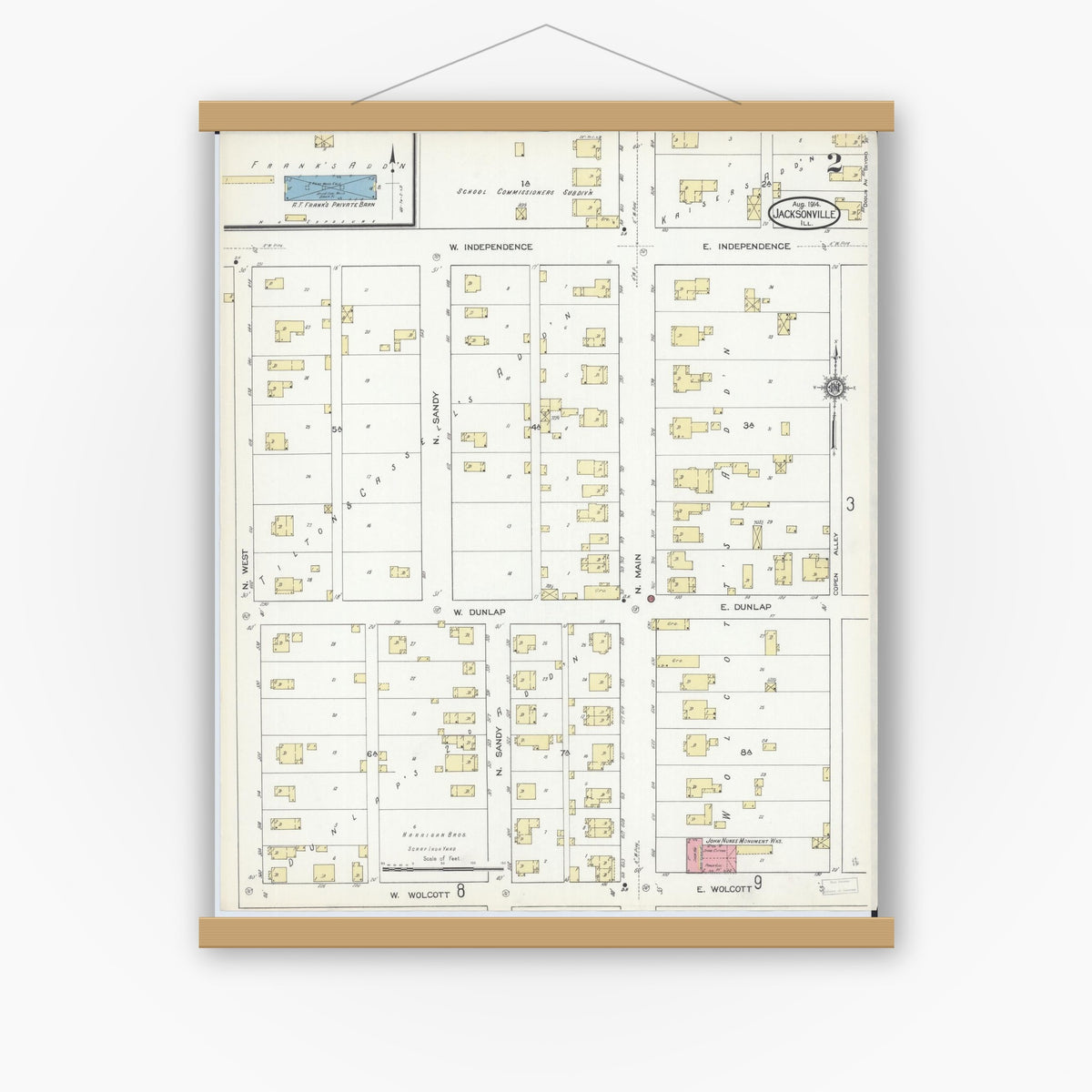 Old map wall art mockup — magnetic wood frame on white wall — Sanborn Fire Insurance Map from Jacksonville, Morgan County, Illinois (1914), Sheet #0002