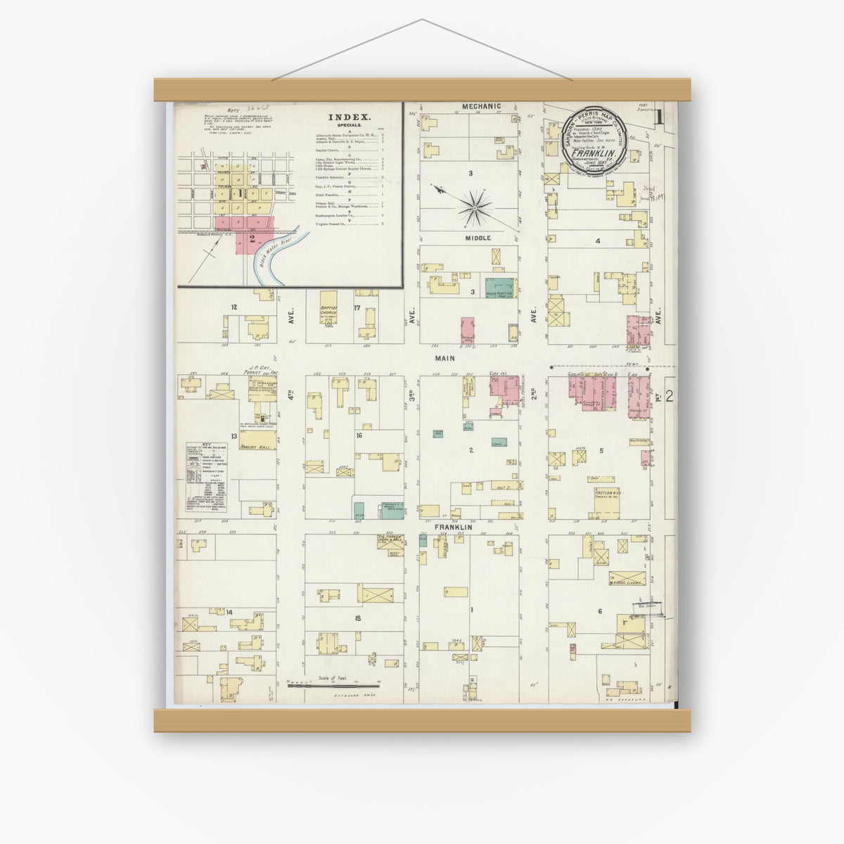 Old map wall art mockup — magnetic wood frame on white wall — Sanborn Fire Insurance Map from Franklin, Independent Cities, Virginia (1897) - Complete Map Set