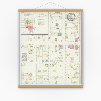 Old map wall art mockup — magnetic wood frame on white wall — Sanborn Fire Insurance Map from Franklin, Independent Cities, Virginia (1897) - Complete Map Set
