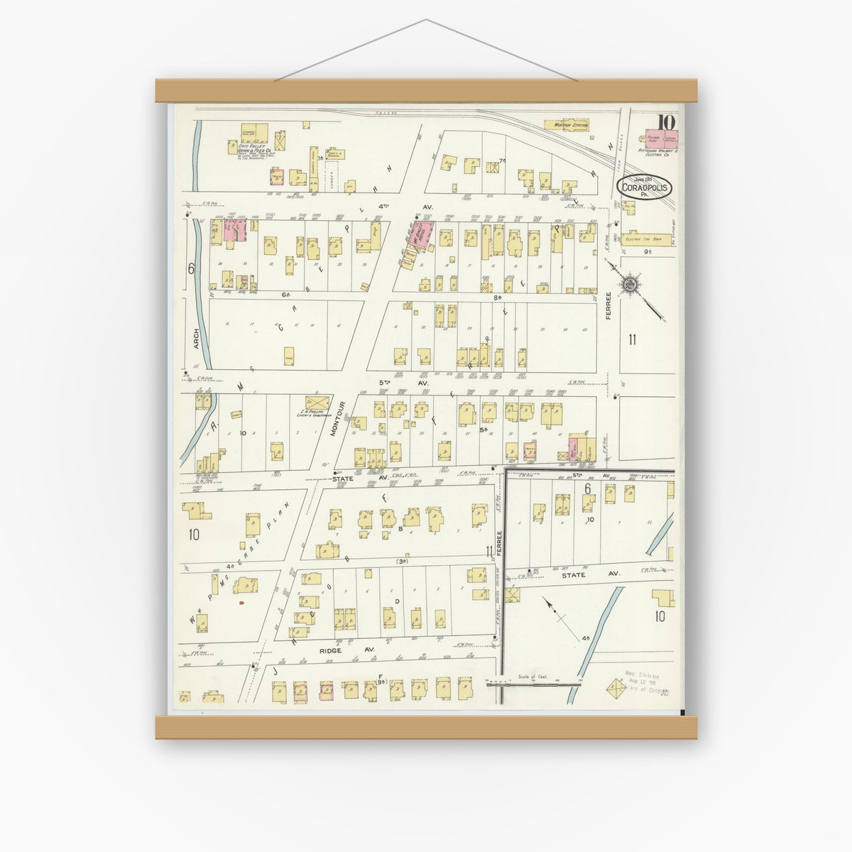 Old map wall art mockup — magnetic wood frame on white wall — Sanborn Fire Insurance Map from Coraopolis, Allegheny County, Pennsylvania (1911), Sheet #0010
