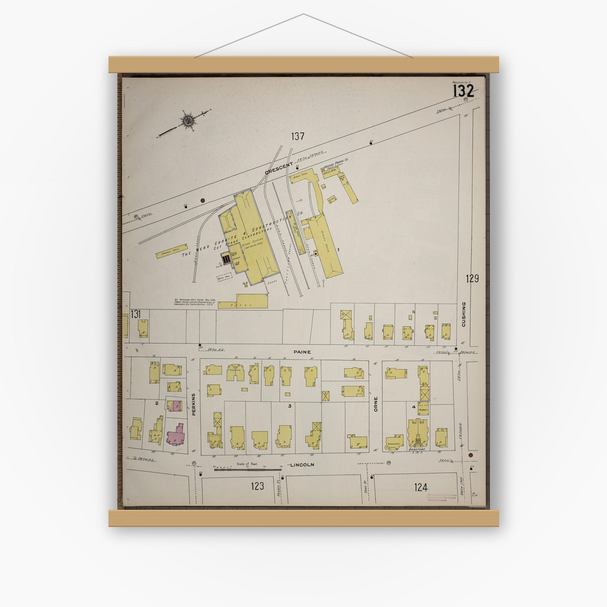 Old map wall art mockup — magnetic wood frame on white wall — Sanborn Fire Insurance Map from Worcester, Worcester County, Massachusetts (1910), Sheet #0132