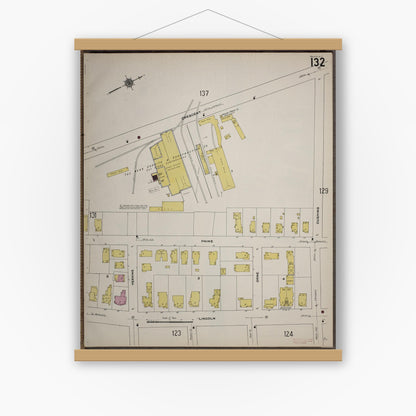 Old map wall art mockup — magnetic wood frame on white wall — Sanborn Fire Insurance Map from Worcester, Worcester County, Massachusetts (1910), Sheet #0132