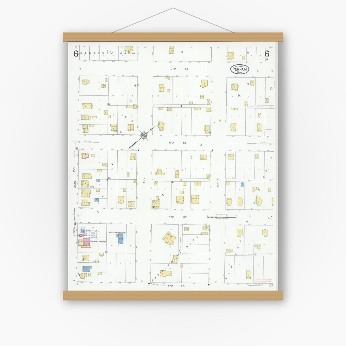 Old map wall art mockup — magnetic wood frame on white wall — Sanborn Fire Insurance Map from Perham, Otter Tail County, Minnesota (1929), Sheet #0006