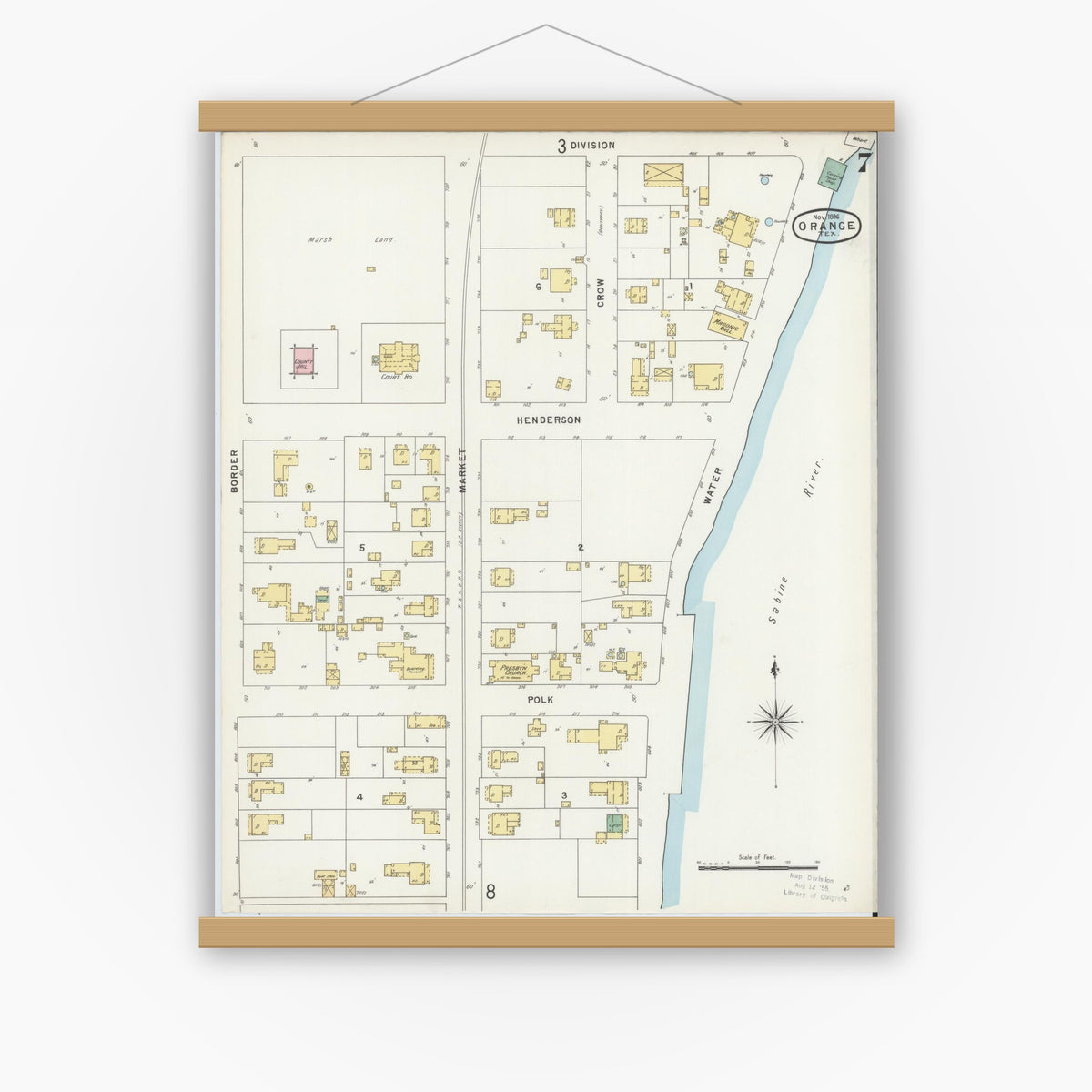 Old map wall art mockup — magnetic wood frame on white wall — Sanborn Fire Insurance Map from Orange, Orange County, Texas (1896), Sheet #0007