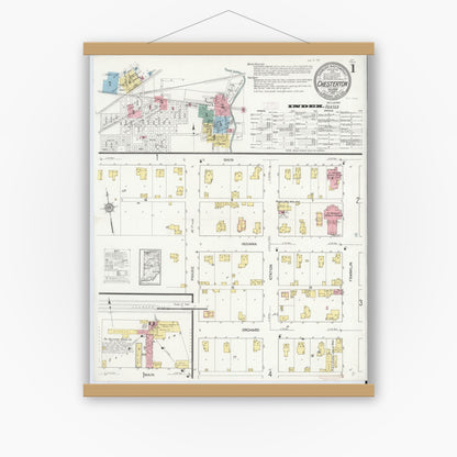 Old map wall art mockup — magnetic wood frame on white wall — Sanborn Fire Insurance Map from Chesterton, Porter County, Indiana (1912) - Complete Map Set