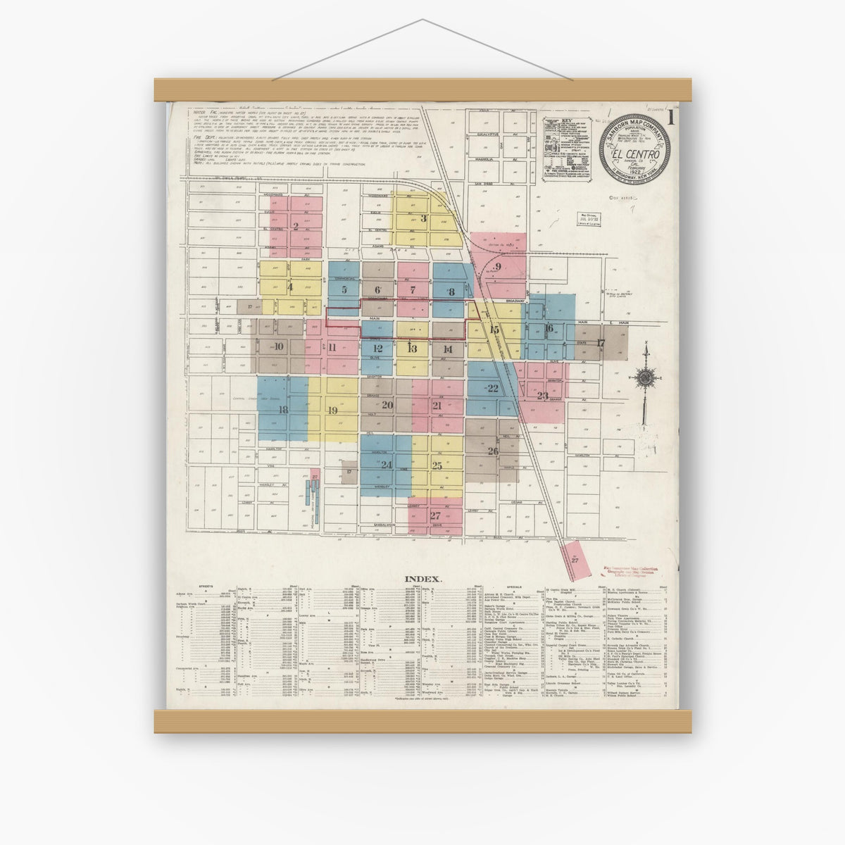 Old map wall art mockup — magnetic wood frame on white wall — Sanborn Fire Insurance Map from El Centro, Imperial County, California (1922), Sheet #0001