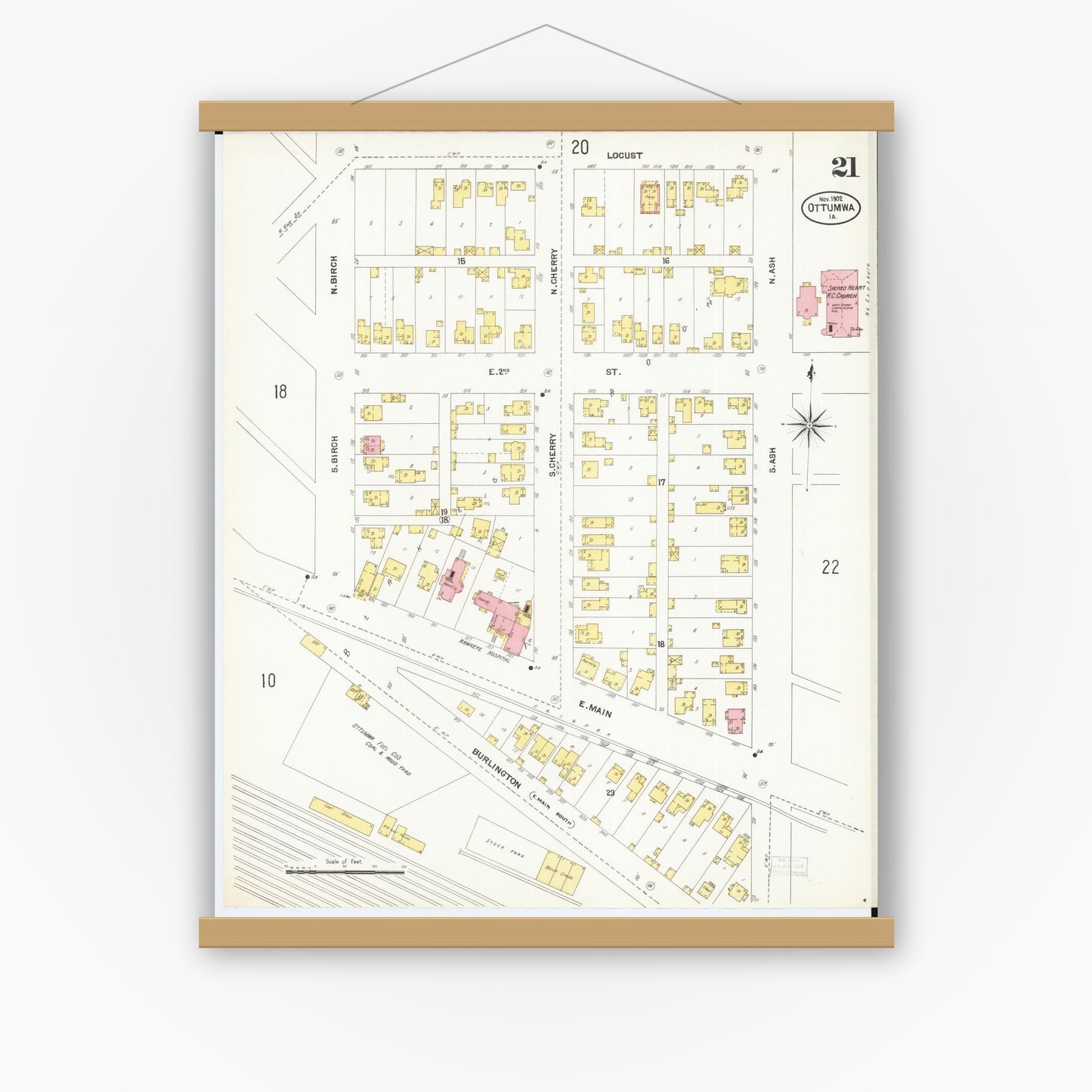 Old map wall art mockup — magnetic wood frame on white wall — Sanborn Fire Insurance Map from Ottumwa, Wapello County, Iowa (1902), Sheet #0021