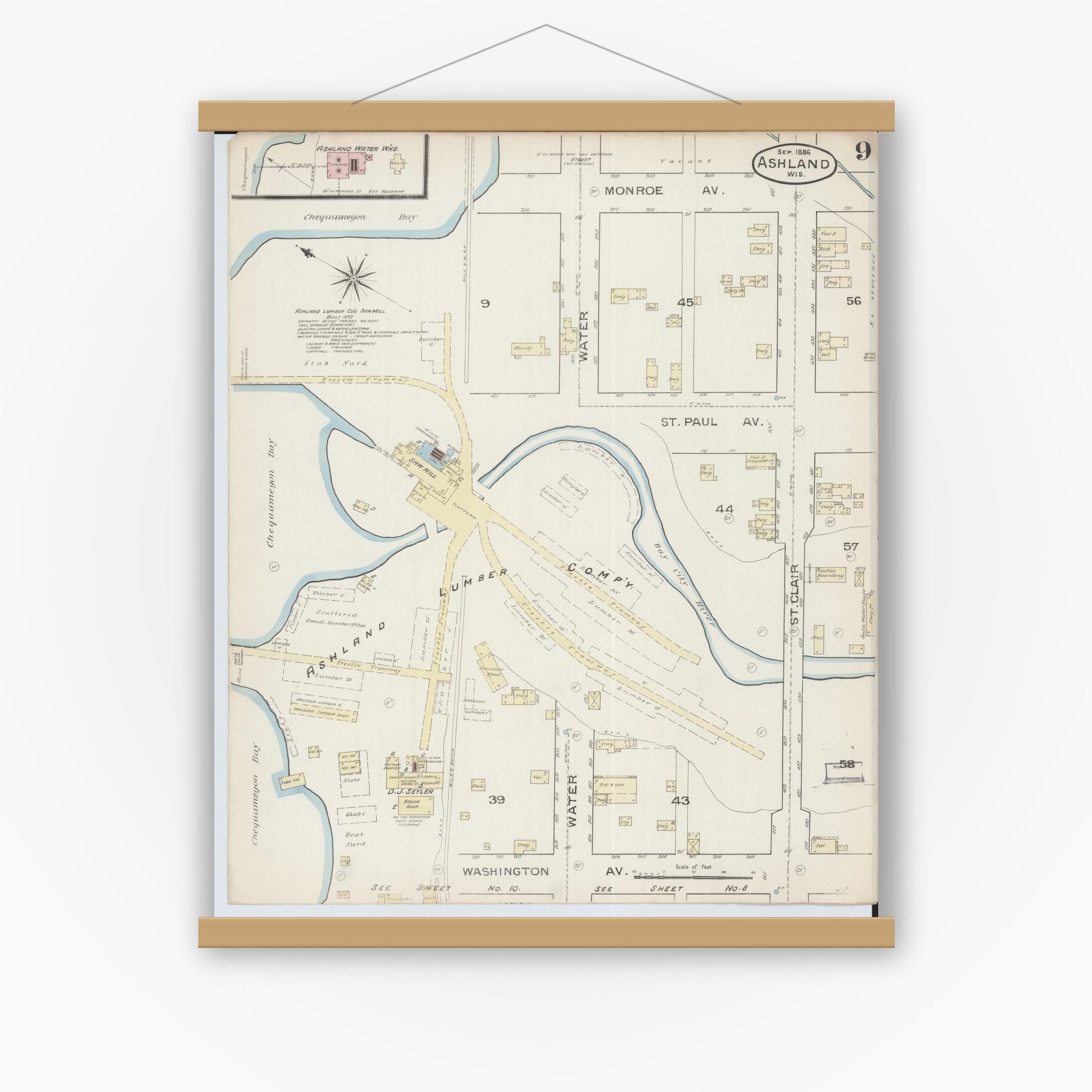 Old map wall art mockup — magnetic wood frame on white wall — Sanborn Fire Insurance Map from Ashland, Ashland County, Wisconsin (1886), Sheet #0009