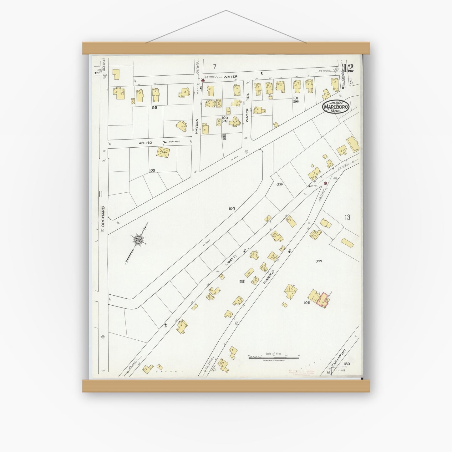 Old map wall art mockup — magnetic wood frame on white wall — Sanborn Fire Insurance Map from Marlborough, Middlesex County, Massachusetts (1920), Sheet #0012