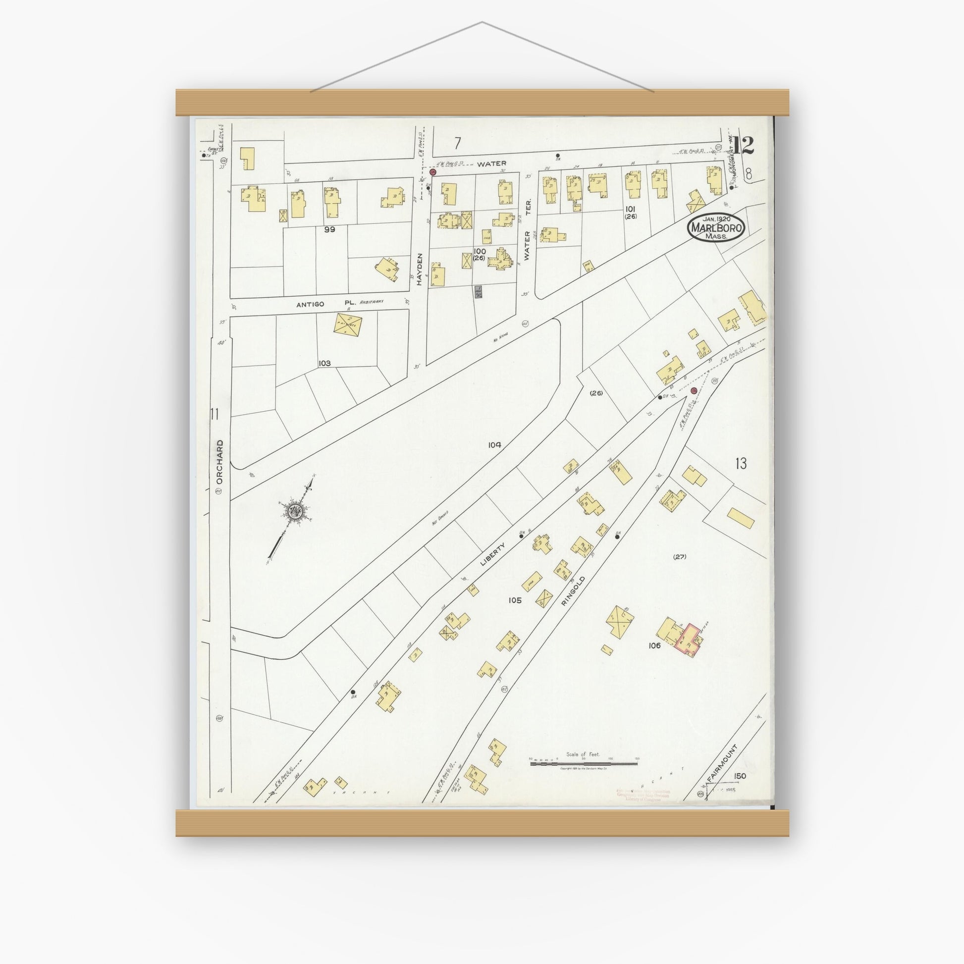 Old map wall art mockup — magnetic wood frame on white wall — Sanborn Fire Insurance Map from Marlborough, Middlesex County, Massachusetts (1920), Sheet #0012