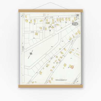 Old map wall art mockup — magnetic wood frame on white wall — Sanborn Fire Insurance Map from Marlborough, Middlesex County, Massachusetts (1920), Sheet #0012