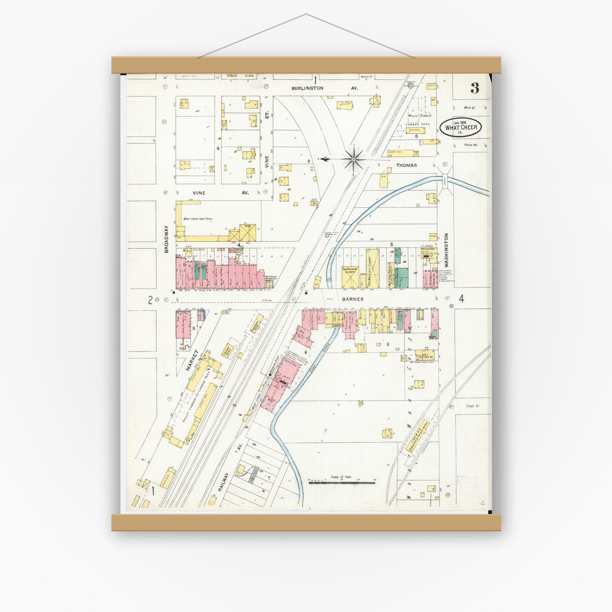 Old map wall art mockup — magnetic wood frame on white wall — Sanborn Fire Insurance Map from What Cheer, Keokuk County, Iowa (1906), Sheet #0003