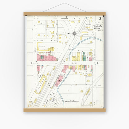Old map wall art mockup — magnetic wood frame on white wall — Sanborn Fire Insurance Map from What Cheer, Keokuk County, Iowa (1906), Sheet #0003