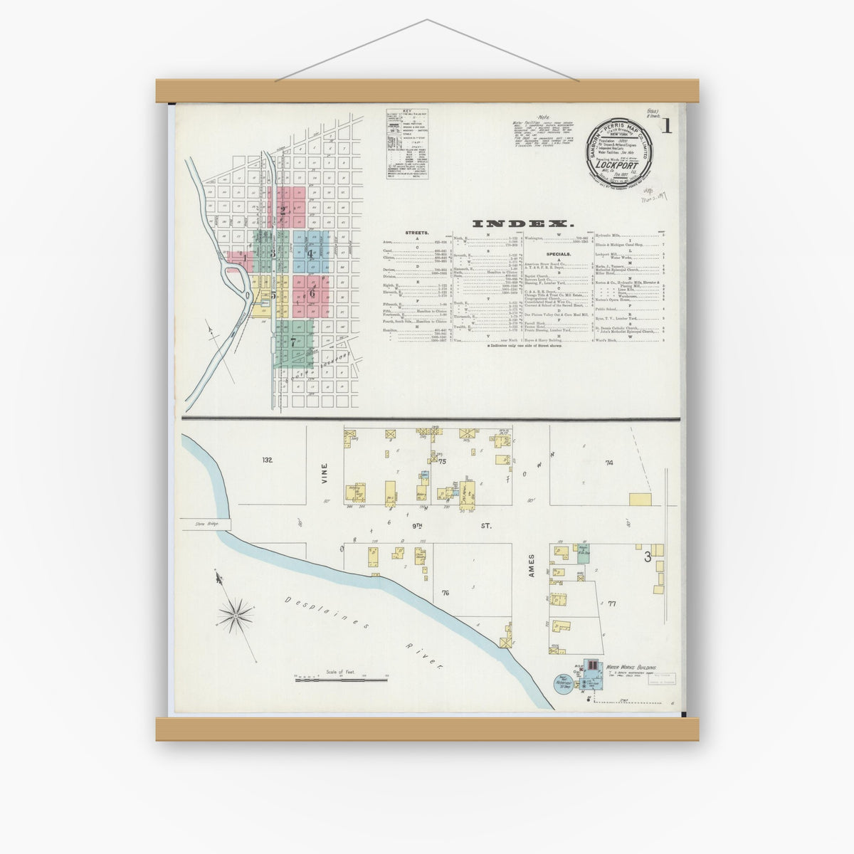 Old map wall art mockup — magnetic wood frame on white wall — Sanborn Fire Insurance Map from Lockport, Will County, Illinois (1897), Sheet #0001