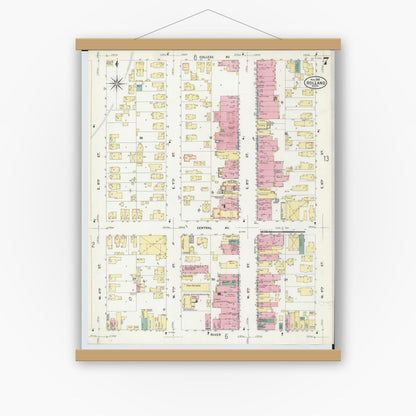 Old map wall art mockup — magnetic wood frame on white wall — Sanborn Fire Insurance Map from Holland, Ottawa County, Michigan (1908), Sheet #0007