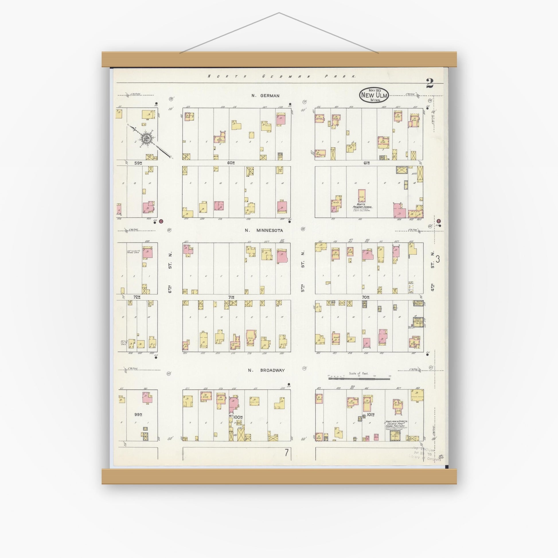 Old map wall art mockup — magnetic wood frame on white wall — Sanborn Fire Insurance Map from New Ulm, Brown County, Minnesota (1913), Sheet #0002