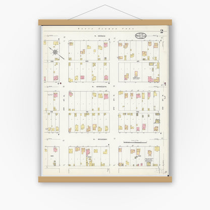 Old map wall art mockup — magnetic wood frame on white wall — Sanborn Fire Insurance Map from New Ulm, Brown County, Minnesota (1913), Sheet #0002