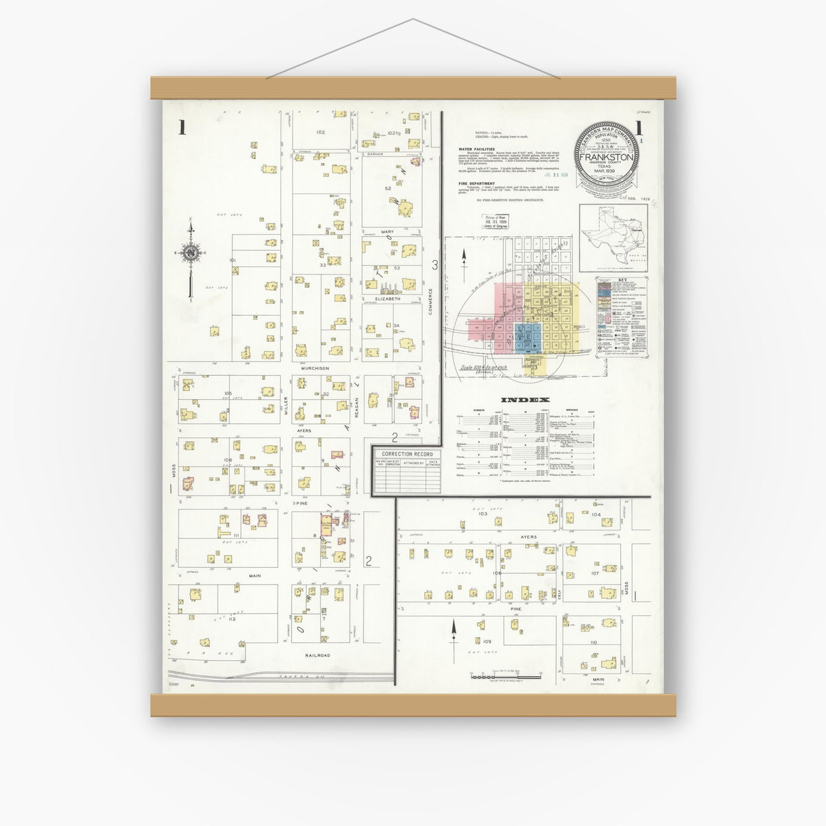 Old map wall art mockup — magnetic wood frame on white wall — Sanborn Fire Insurance Map from Frankston, Anderson County, Texas (1939), Sheet #0001