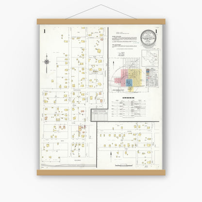 Old map wall art mockup — magnetic wood frame on white wall — Sanborn Fire Insurance Map from Frankston, Anderson County, Texas (1939), Sheet #0001