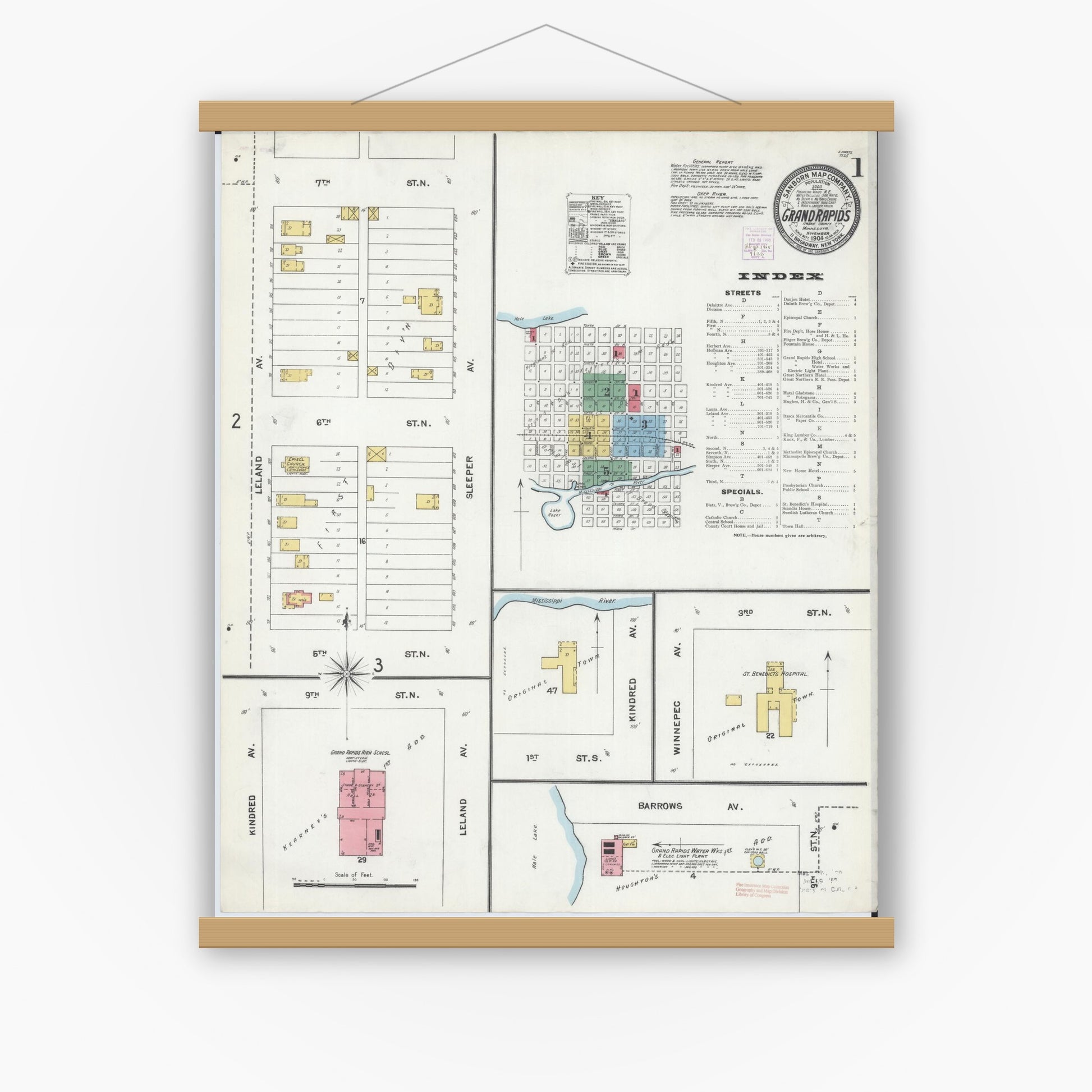 Old map wall art mockup — magnetic wood frame on white wall — Sanborn Fire Insurance Map from Grand Rapids, Itasca County, Minnesota (1904), Sheet #0001