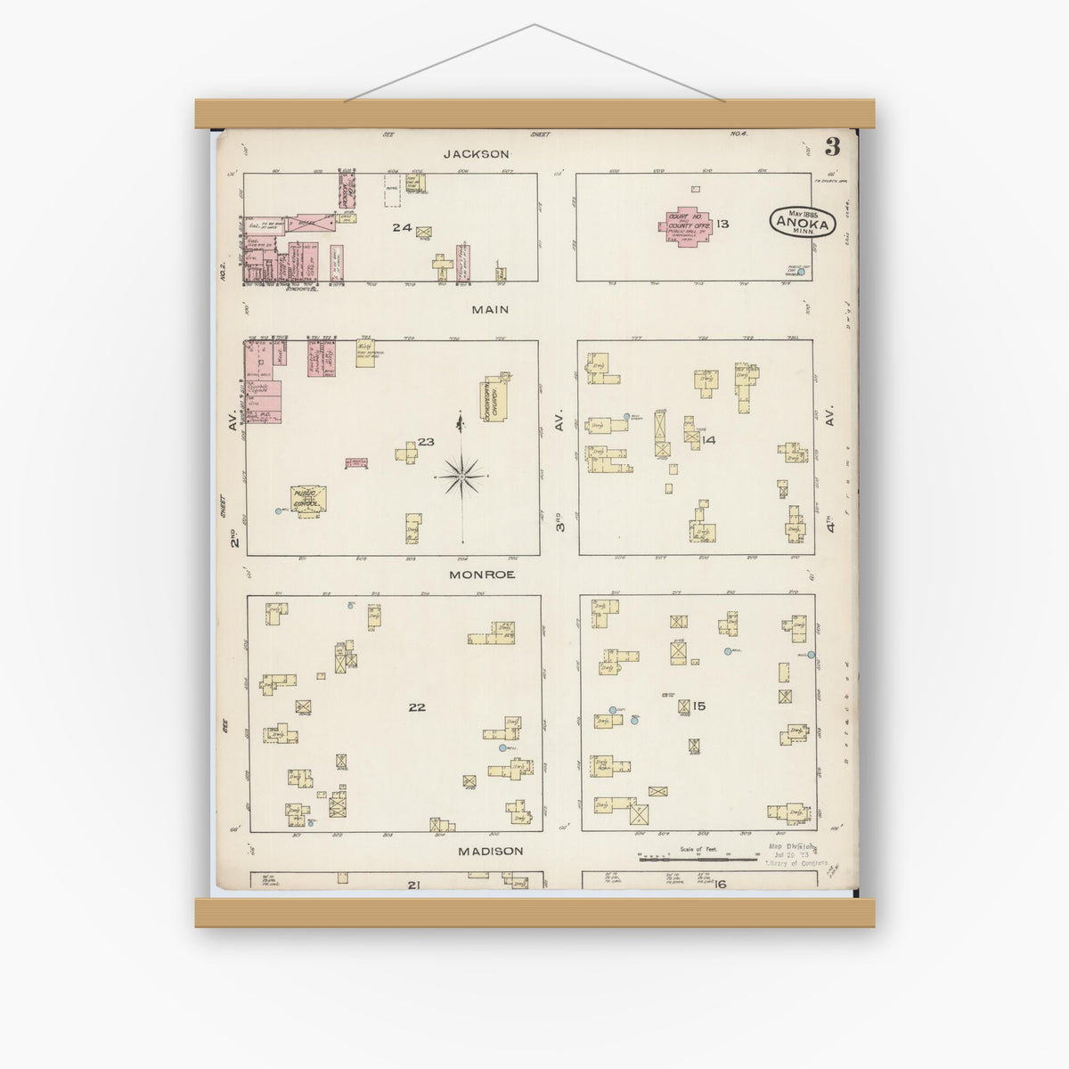 Old map wall art mockup — magnetic wood frame on white wall — Sanborn Fire Insurance Map from Anoka, Anoka County, Minnesota (1885), Sheet #0003