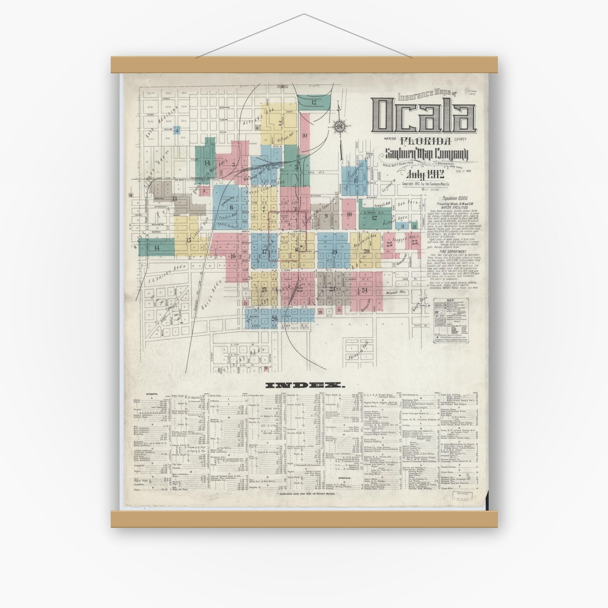 Old map wall art mockup — magnetic wood frame on white wall — Sanborn Fire Insurance Map from Ocala, Marion County, Florida (1912), Sheet #0001