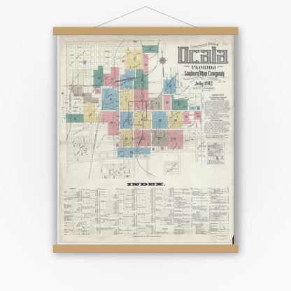 Old map wall art mockup — magnetic wood frame on white wall — Sanborn Fire Insurance Map from Ocala, Marion County, Florida (1912), Sheet #0001