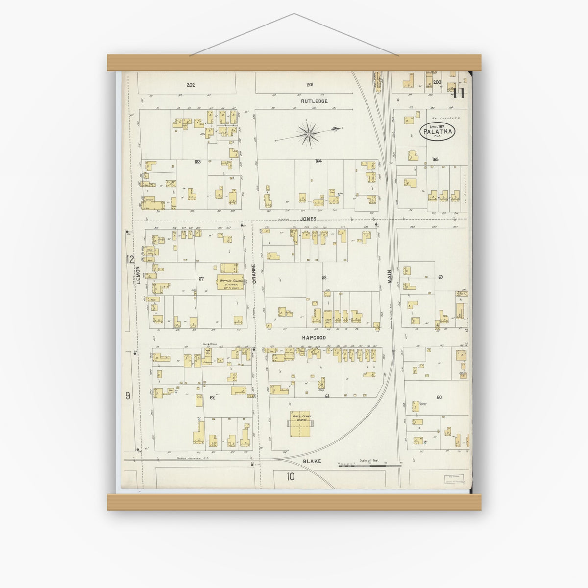 Old map wall art mockup — magnetic wood frame on white wall — Sanborn Fire Insurance Map from Palatka, Putnam County, Florida (1897), Sheet #0011