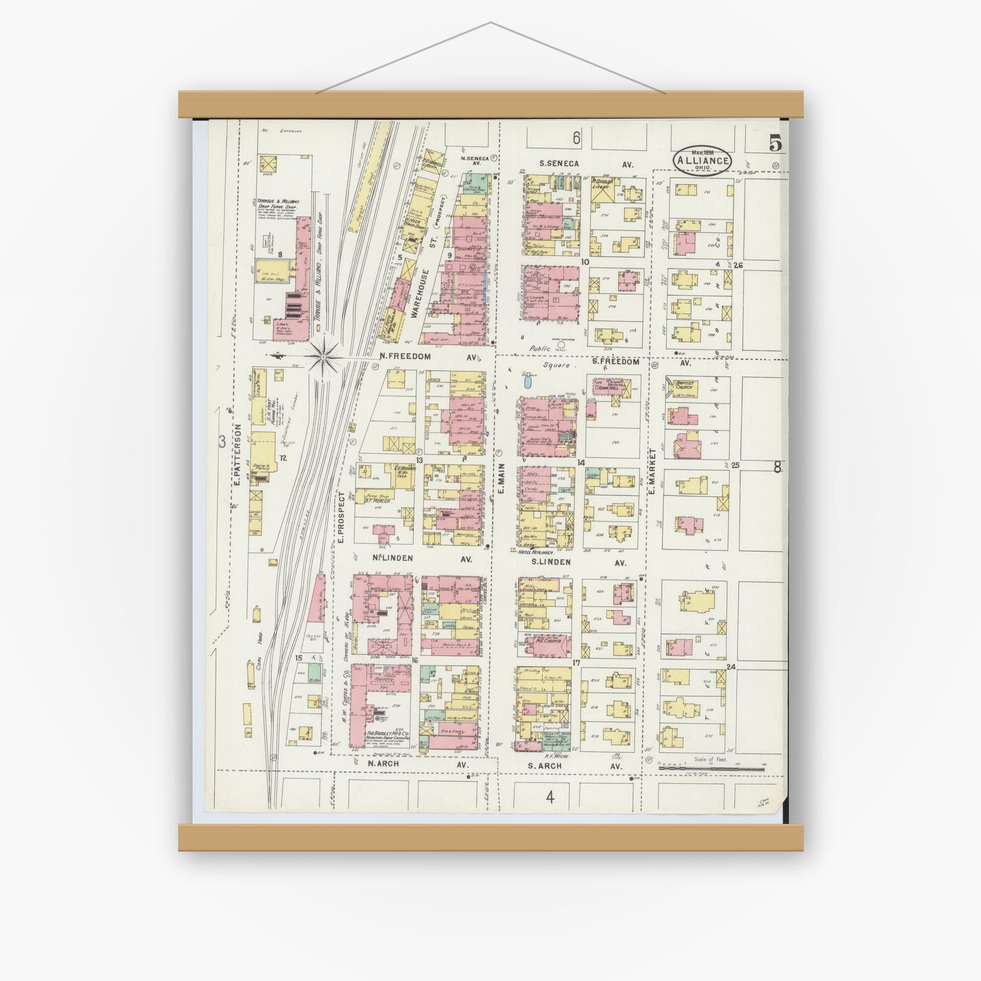 Old map wall art mockup — magnetic wood frame on white wall — Sanborn Fire Insurance Map from Alliance, Stark County, Ohio (1898), Sheet #0005