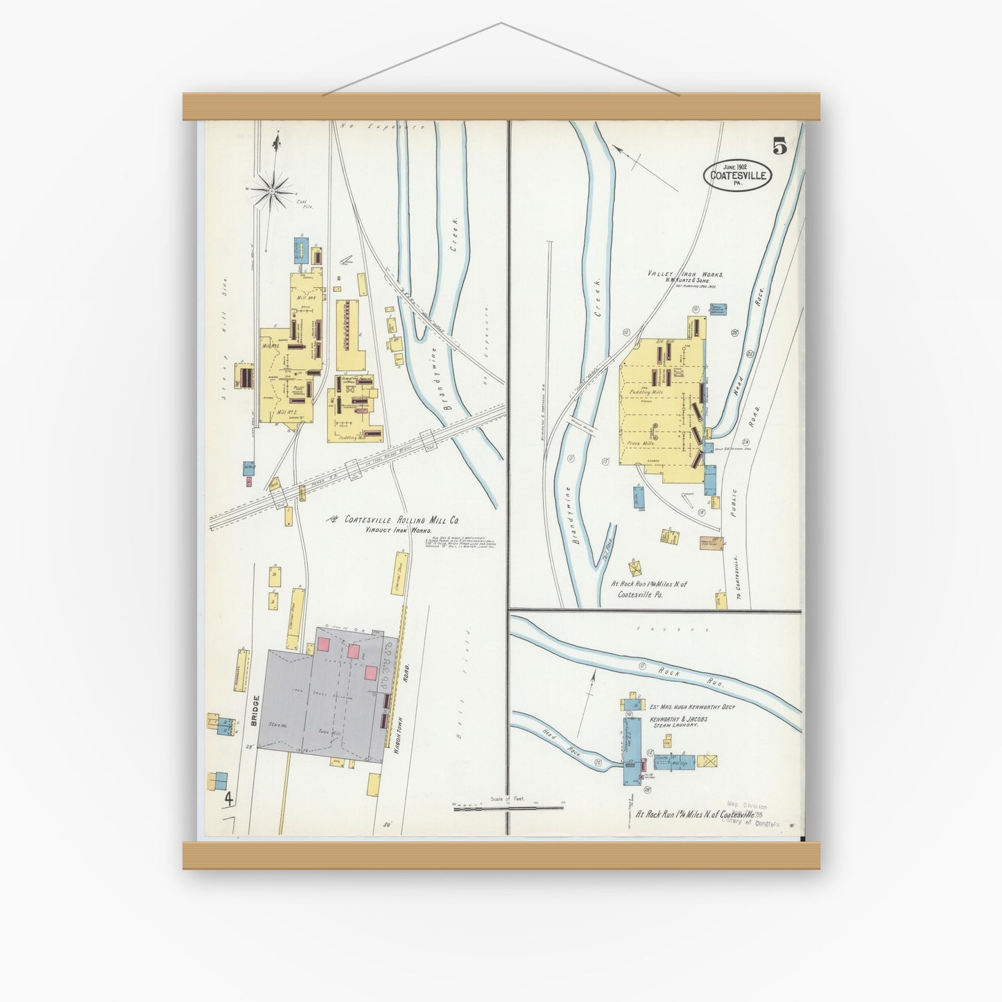 Old map wall art mockup — magnetic wood frame on white wall — Sanborn Fire Insurance Map from Coatesville, Chester County, Pennsylvania (1902), Sheet #0005