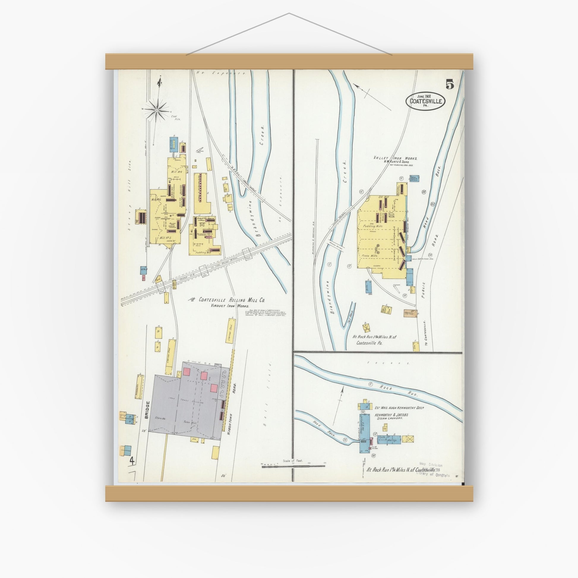 Old map wall art mockup — magnetic wood frame on white wall — Sanborn Fire Insurance Map from Coatesville, Chester County, Pennsylvania (1902), Sheet #0005