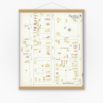 Old map wall art mockup — magnetic wood frame on white wall — Sanborn Fire Insurance Map from Plattsburg, Clinton County, New York (1909), Sheet #0003
